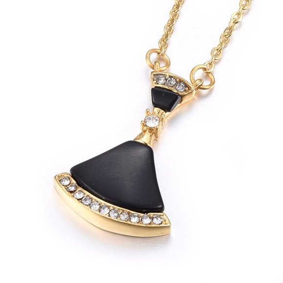 2/$10   Art Deco Inspired S. Steel Pendant Necklace, w Black Shell & Rhinestones - Picture 2 of 5